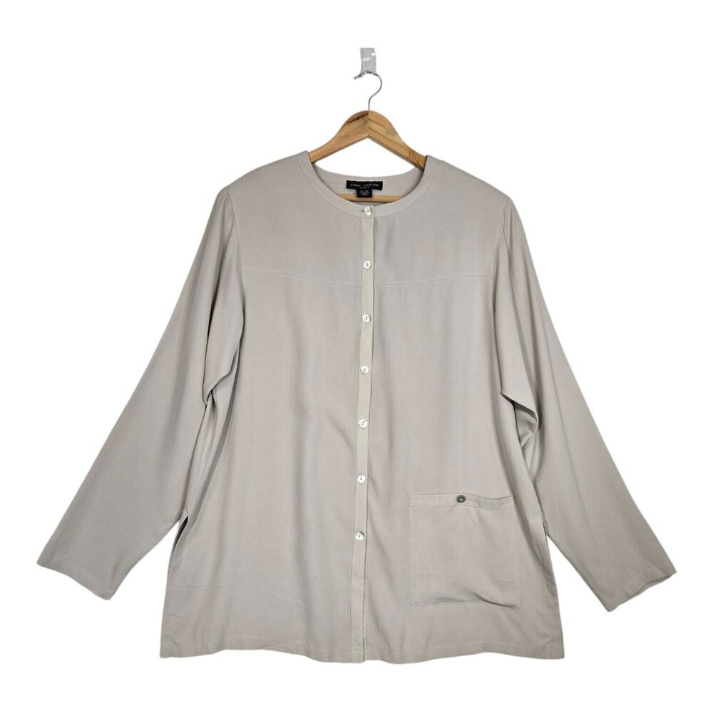 Anne Carson Silk Blouse Jacket 1X Gray Greige Minimalist Lagenlook Chic Layering